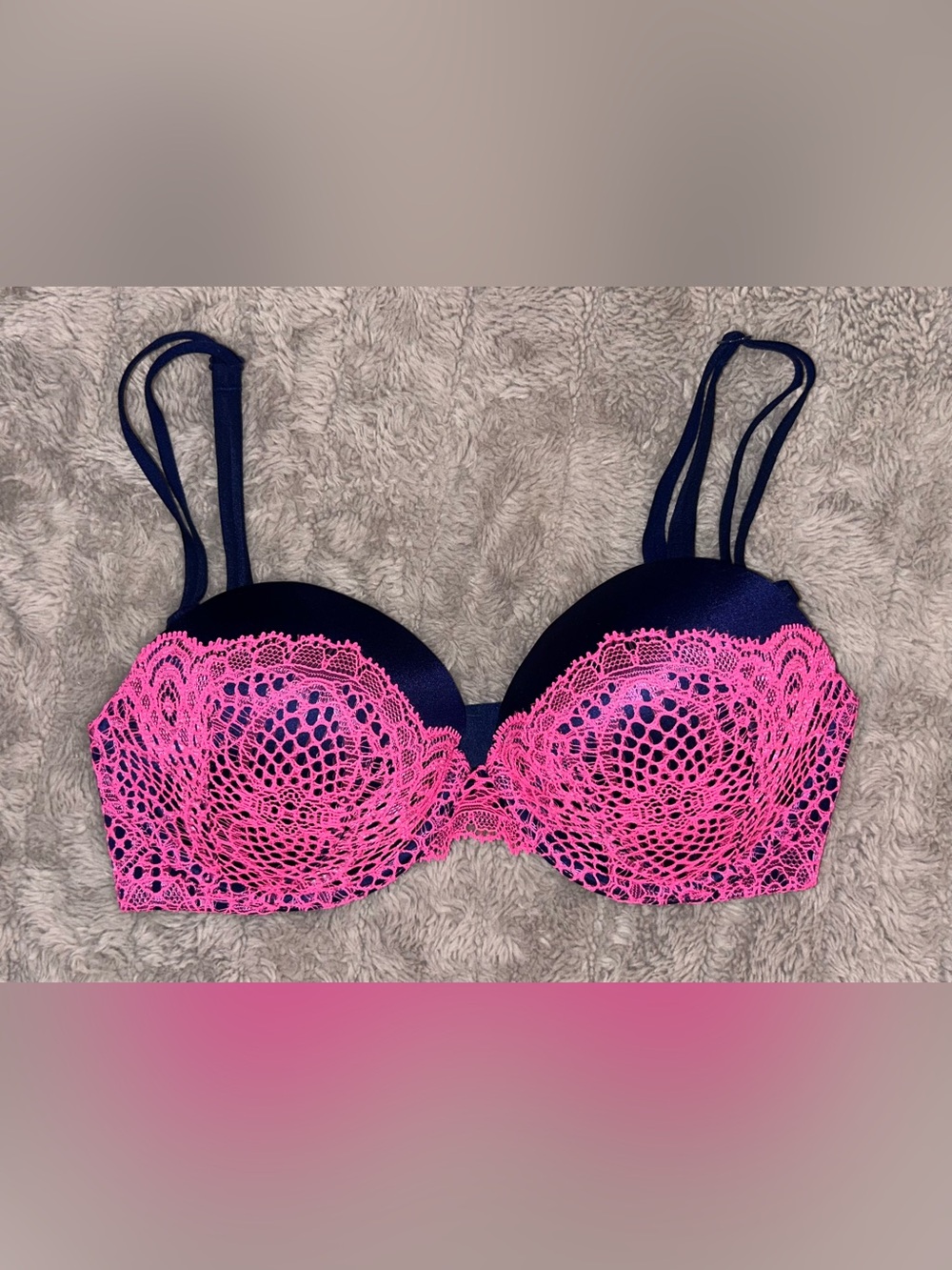 Victoria's Secret Navy Bra with Hot Pink Lace Overlay